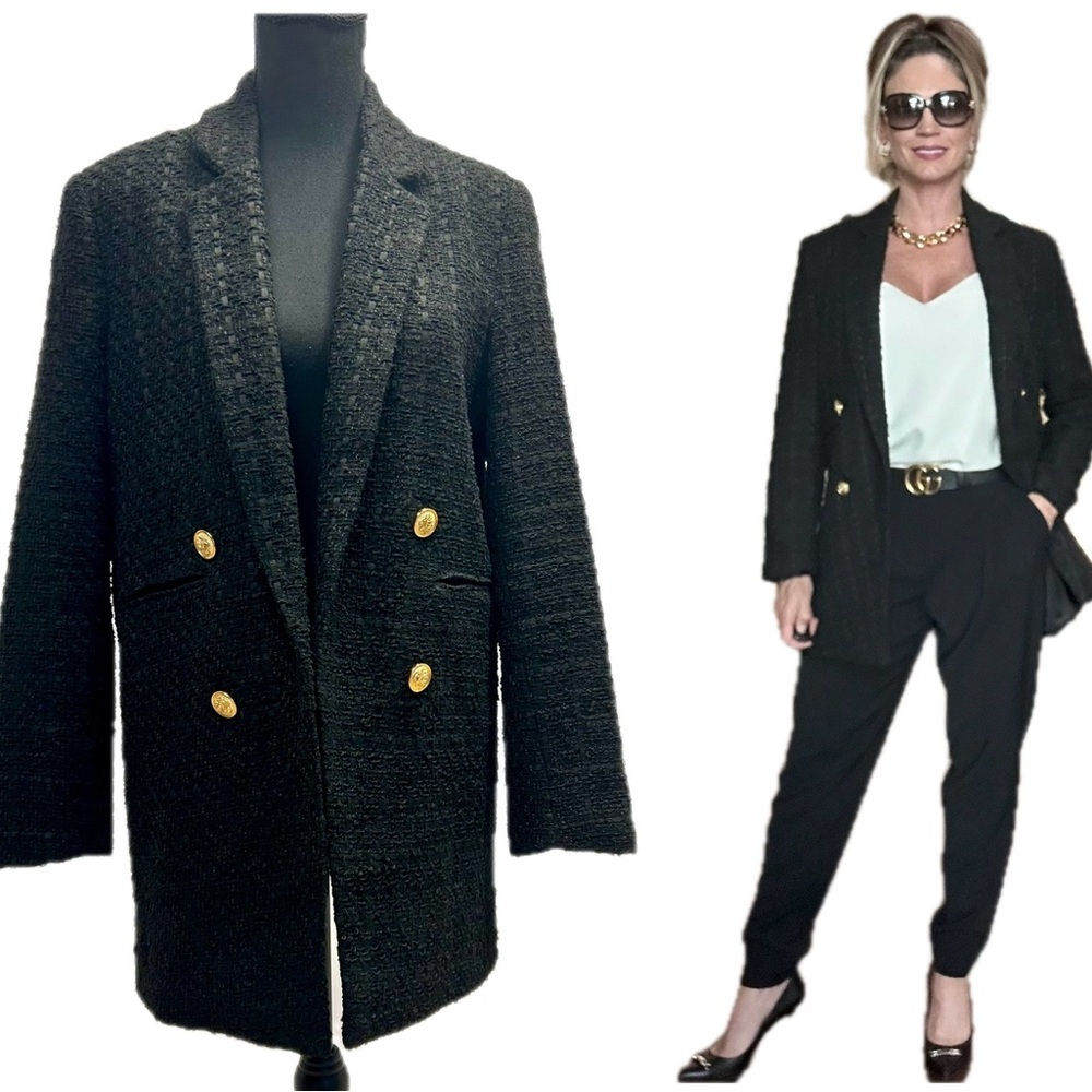 Another Story black boucle tweed oversized open front blazer jacket coat Sz L